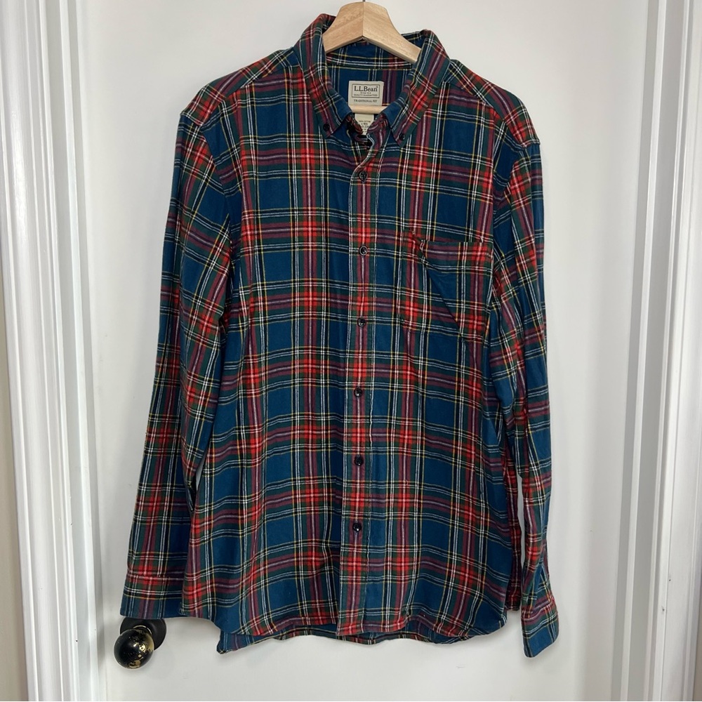 Vintage L.L Bean Blue Red Green Plaid Cotton‎ Button Up Shirt, Size Large